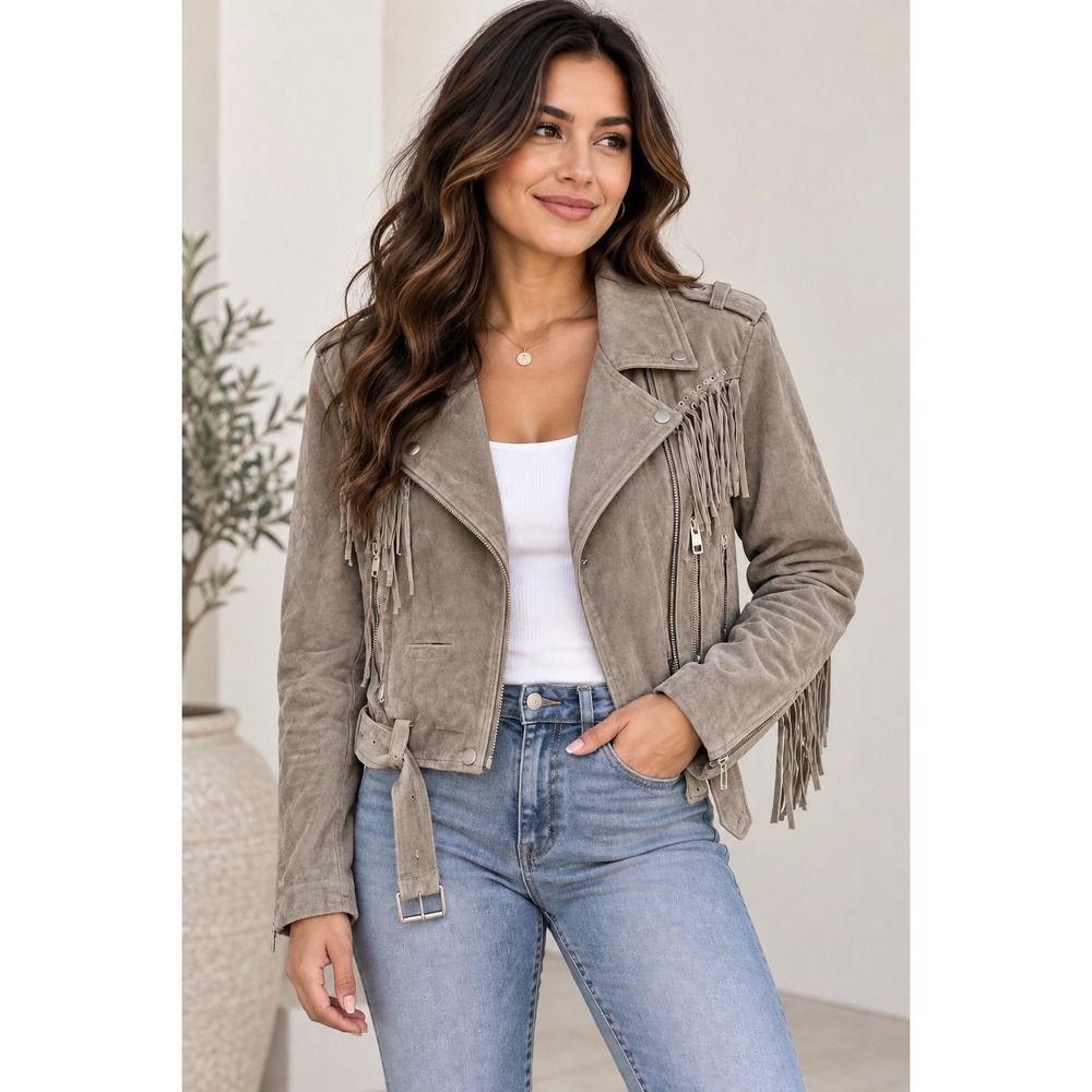 BlankNYC Leather Fringe Jacket Taupe Brown Western Boho Moto $248